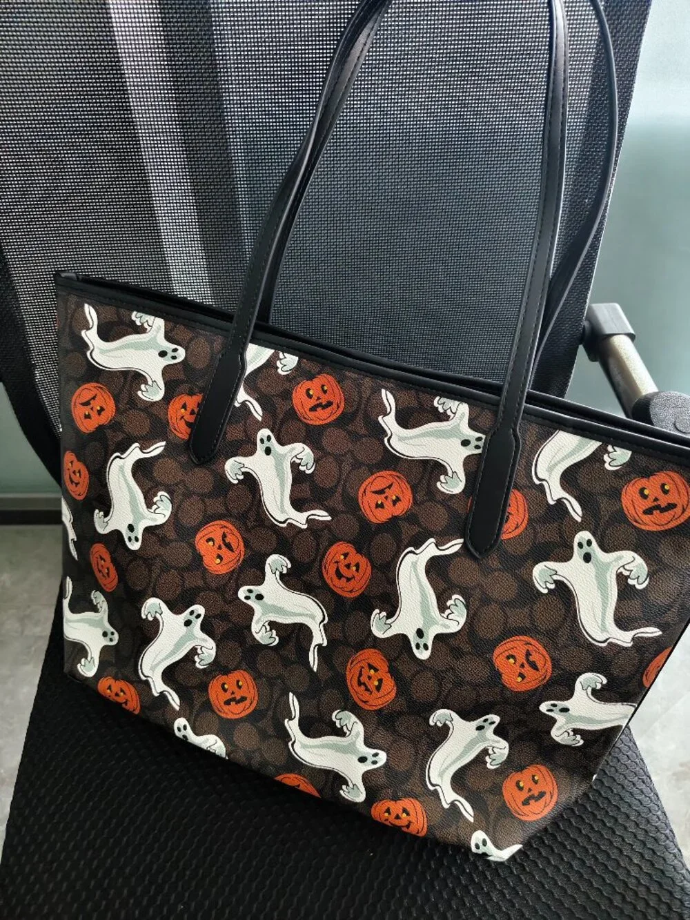 🎃Coach Brown Ghost & Pumpkin Print Tote with Black Trim